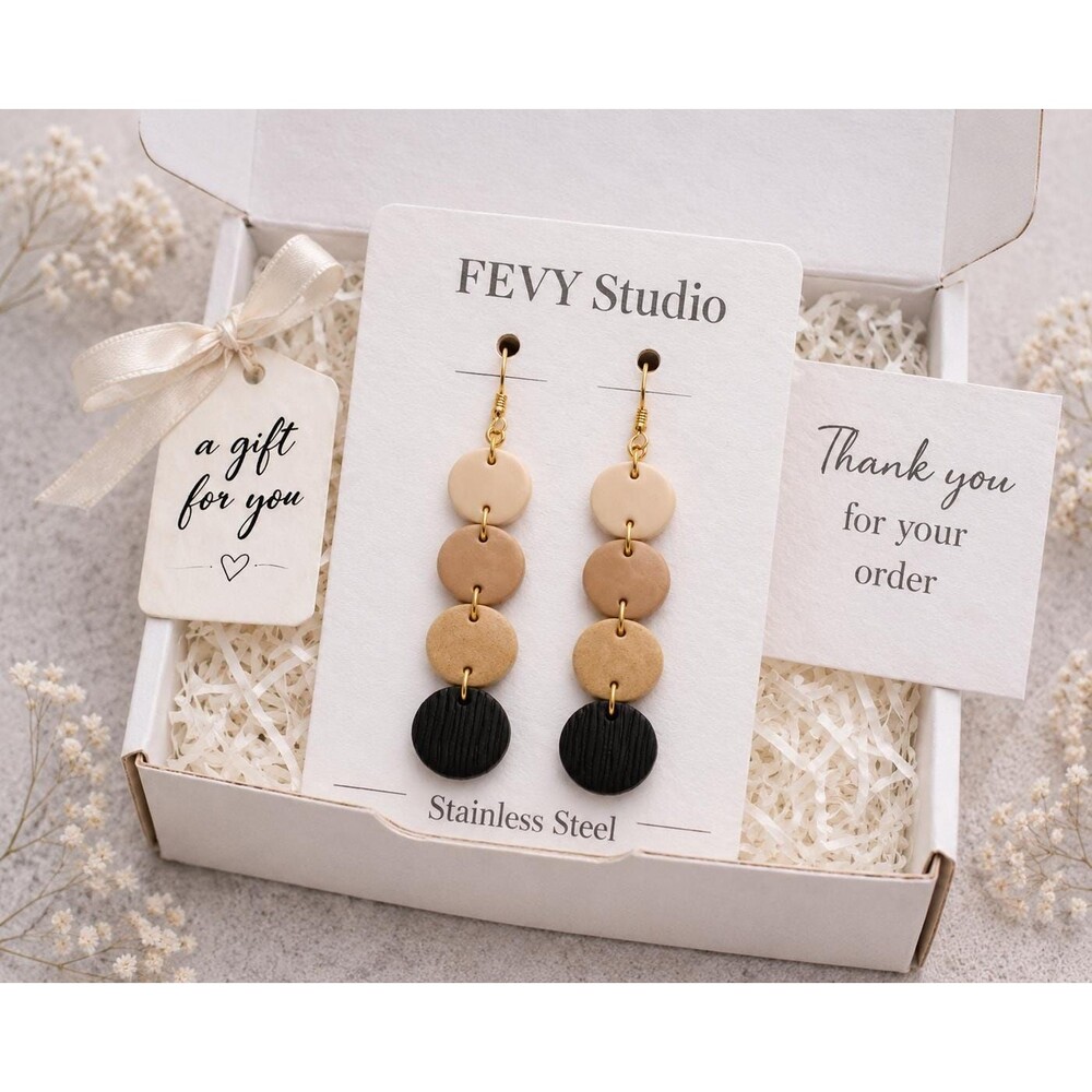 Beige Black Clay Earrings | Lightweight Geometric Statement Dangles | Gift